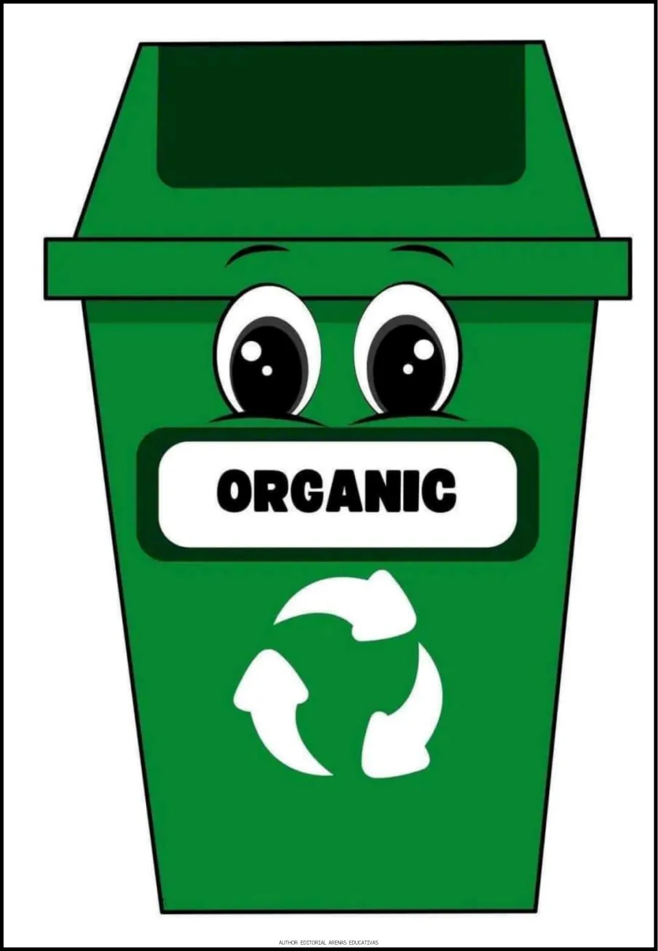 Recycling sorting bin labeled 'ORGANIC,' one of five category pages for classifying the cutout items
