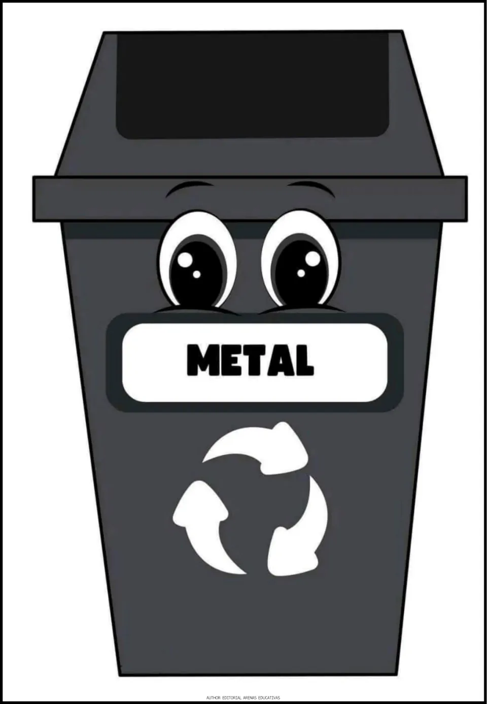 Recycling sorting bin labeled 'METAL,' one of five category pages for classifying the cutout items
