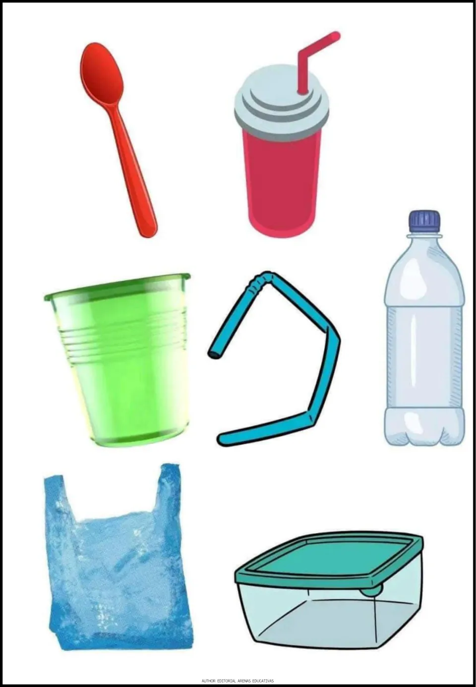 Recycling cutout sheet with seven items: spoon, drink cup, plastic cup, straw, bottle, bag, and food container