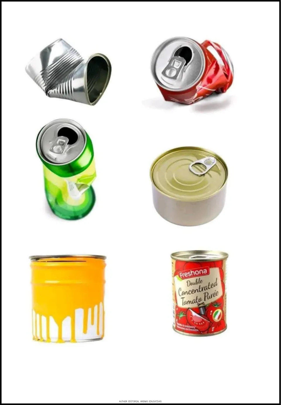 Recycling cutout sheet with six metal containers: crushed tin can, two drink cans, and three other cans