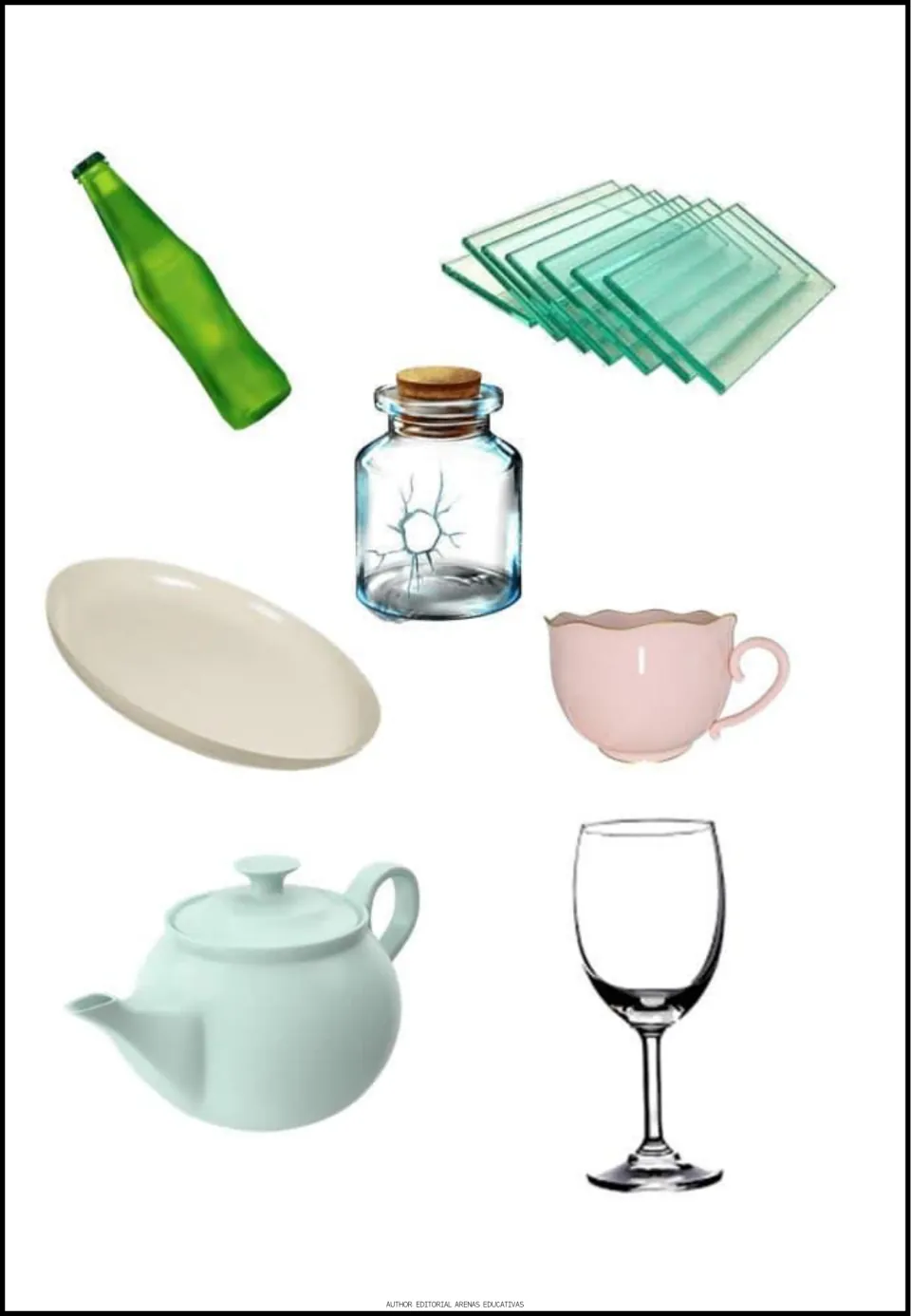 Recycling cutout sheet with seven items: bottle, glass panes, cracked jar, plate, teacup, teapot, and stemmed glass