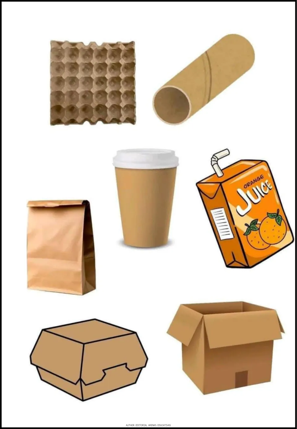 Recycling cutout sheet with seven items: egg tray, cardboard tube, paper bag, drink cup, juice carton, and two boxes