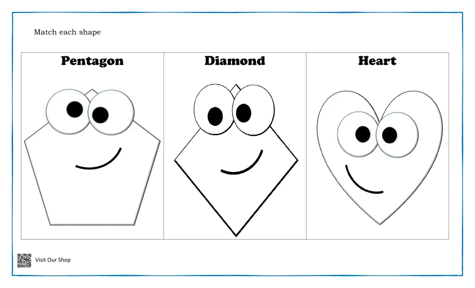 Shape matching: students match shapes to labeled pentagon, diamond and heart outlines, each drawn with a smiling face