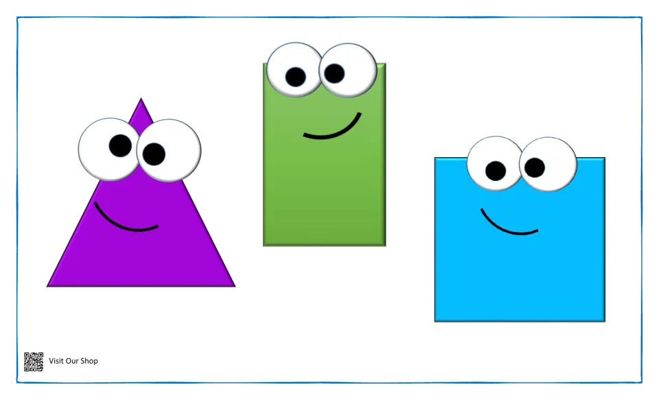 Colored smiling shapes for matching: a purple triangle, green rectangle and blue square with googly eyes and smiles