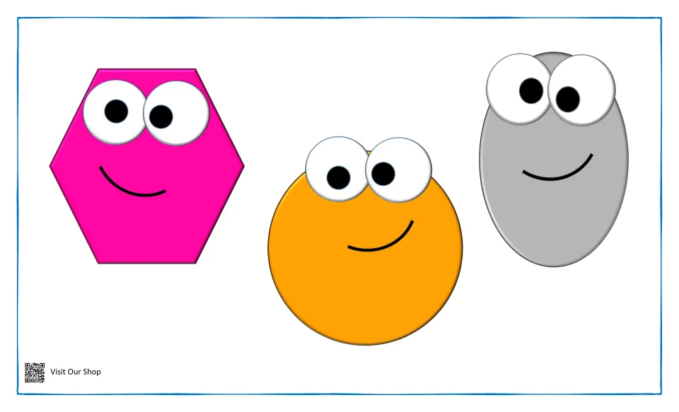 Colored smiling shapes for matching: a magenta hexagon, orange circle and gray oval, each with a friendly face