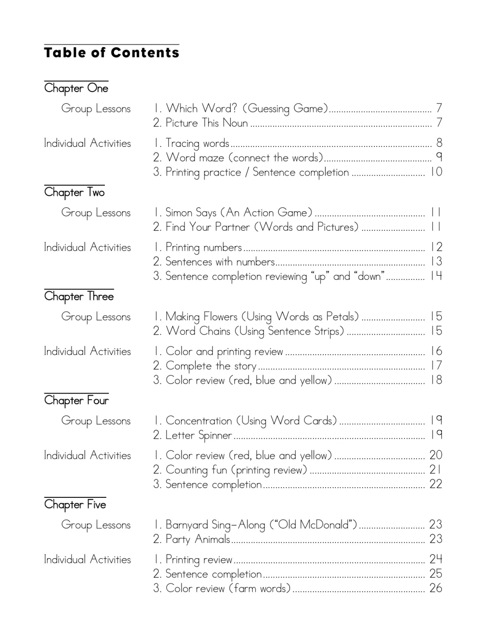 Table of contents for chapters one to five, listing group lessons like Which Word? and individual tracing tasks