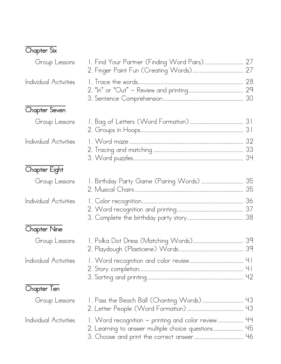Contents for chapters six to ten: games like Bag of Letters and Musical Chairs, then word mazes and story completion