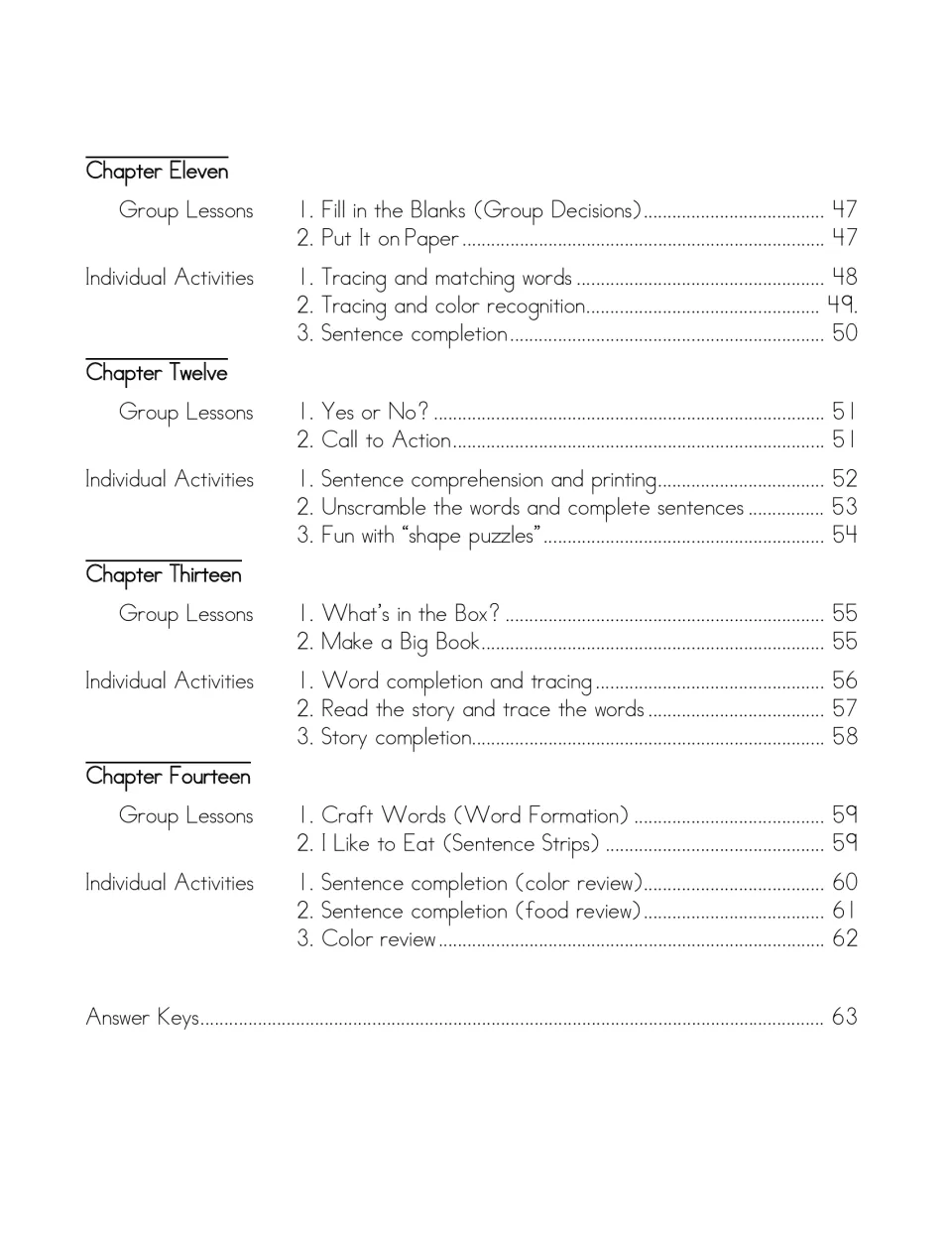 Contents for chapters 11 to 14: games like Yes or No? and Make a Big Book, sentence completion tasks and answer keys