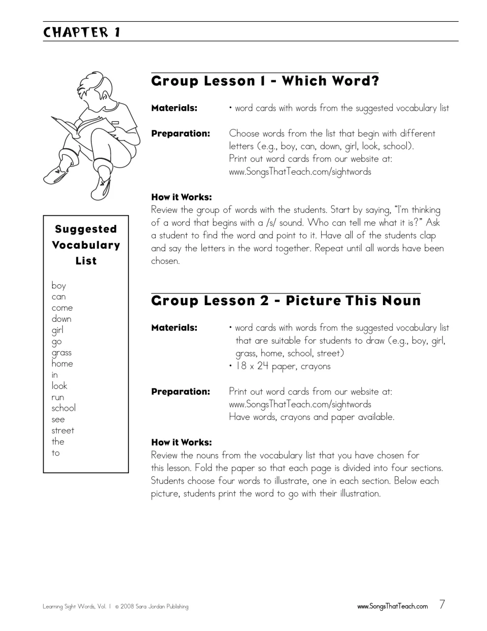 Chapter 1 group lessons: Which Word? beginning-sound guessing game and Picture This Noun drawing, plus a word list