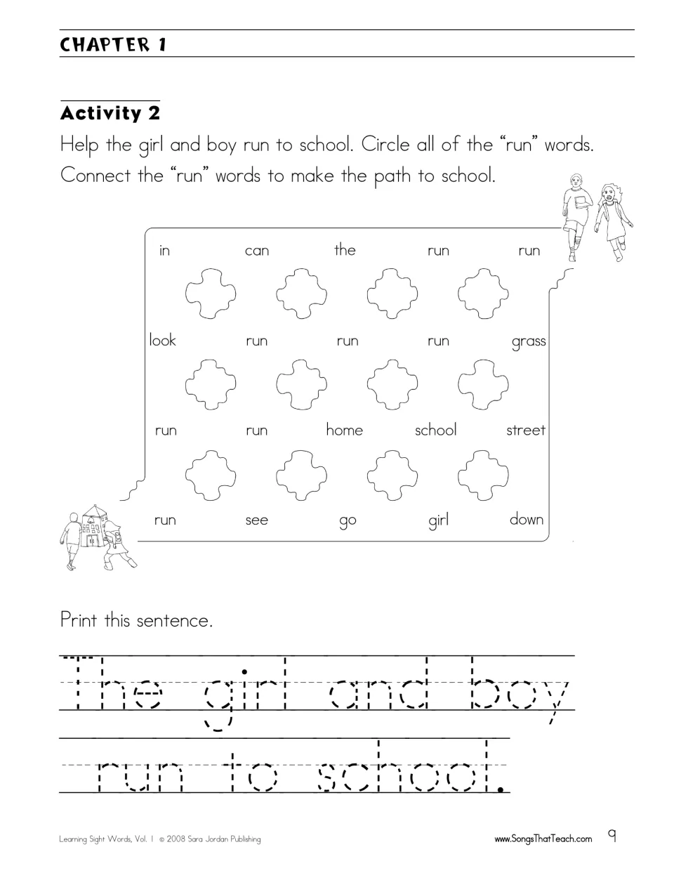 Word maze: students circle every "run" to connect a path to school, then trace "The girl and boy run to school."