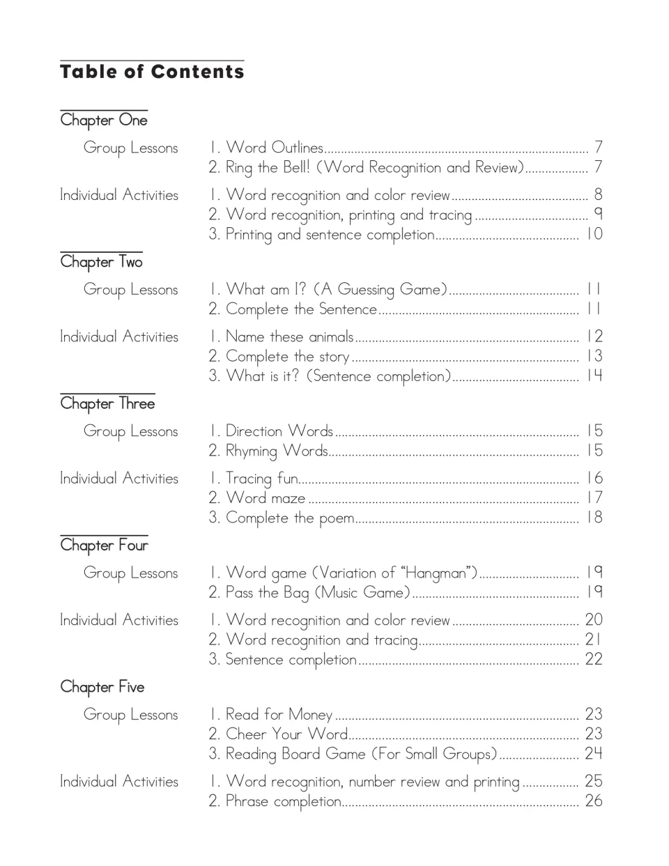 Table of contents, part 1: Chapters 1–5 group lessons and activities, from Word Outlines to Phrase completion