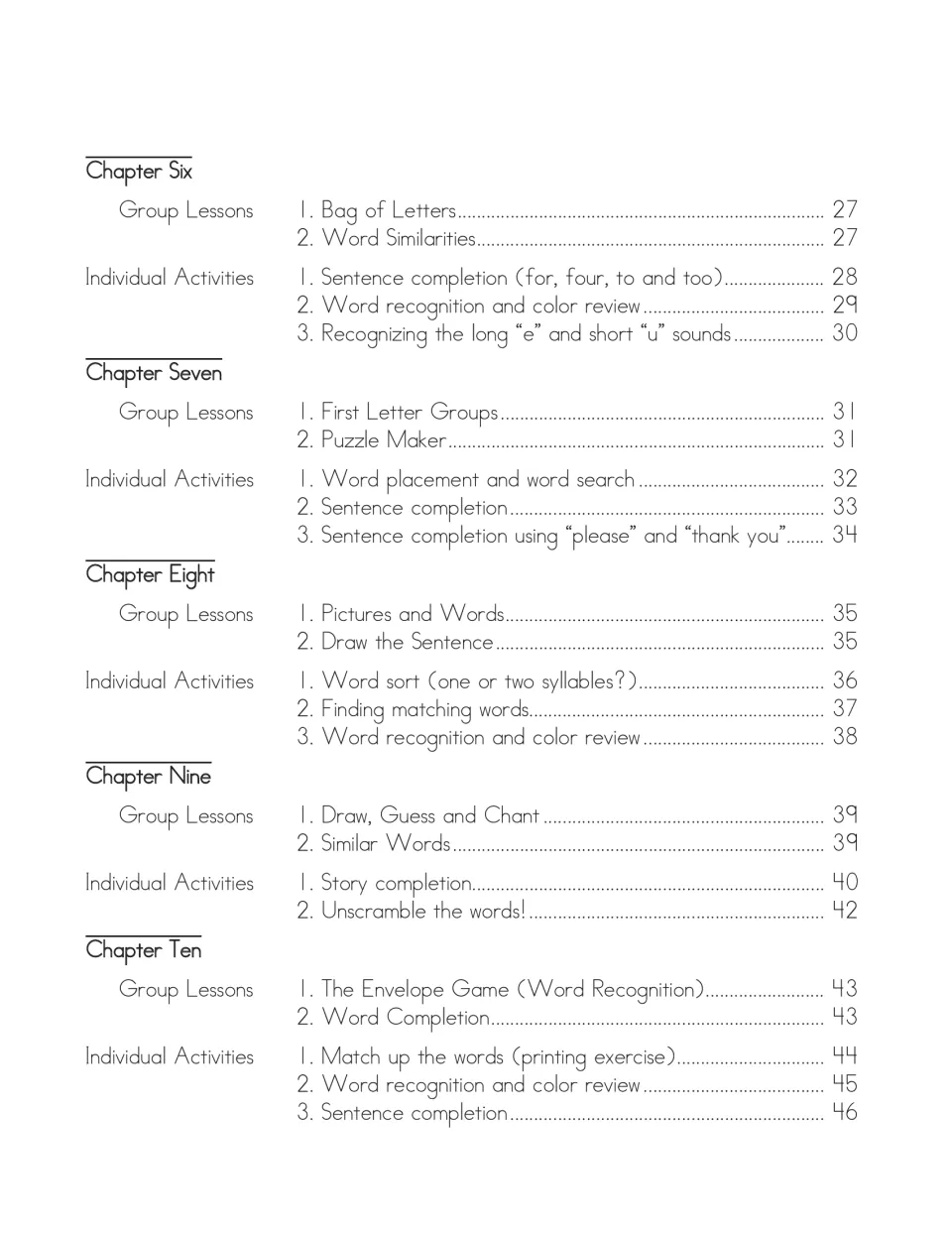 Table of contents, part 2: Chapters 6–10, including Bag of Letters, Puzzle Maker and The Envelope Game