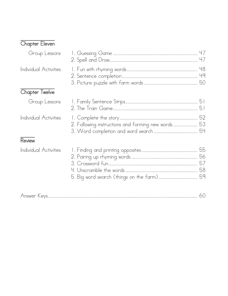 Table of contents, part 3: Chapters 11–12, five review activities and the answer keys on page 60