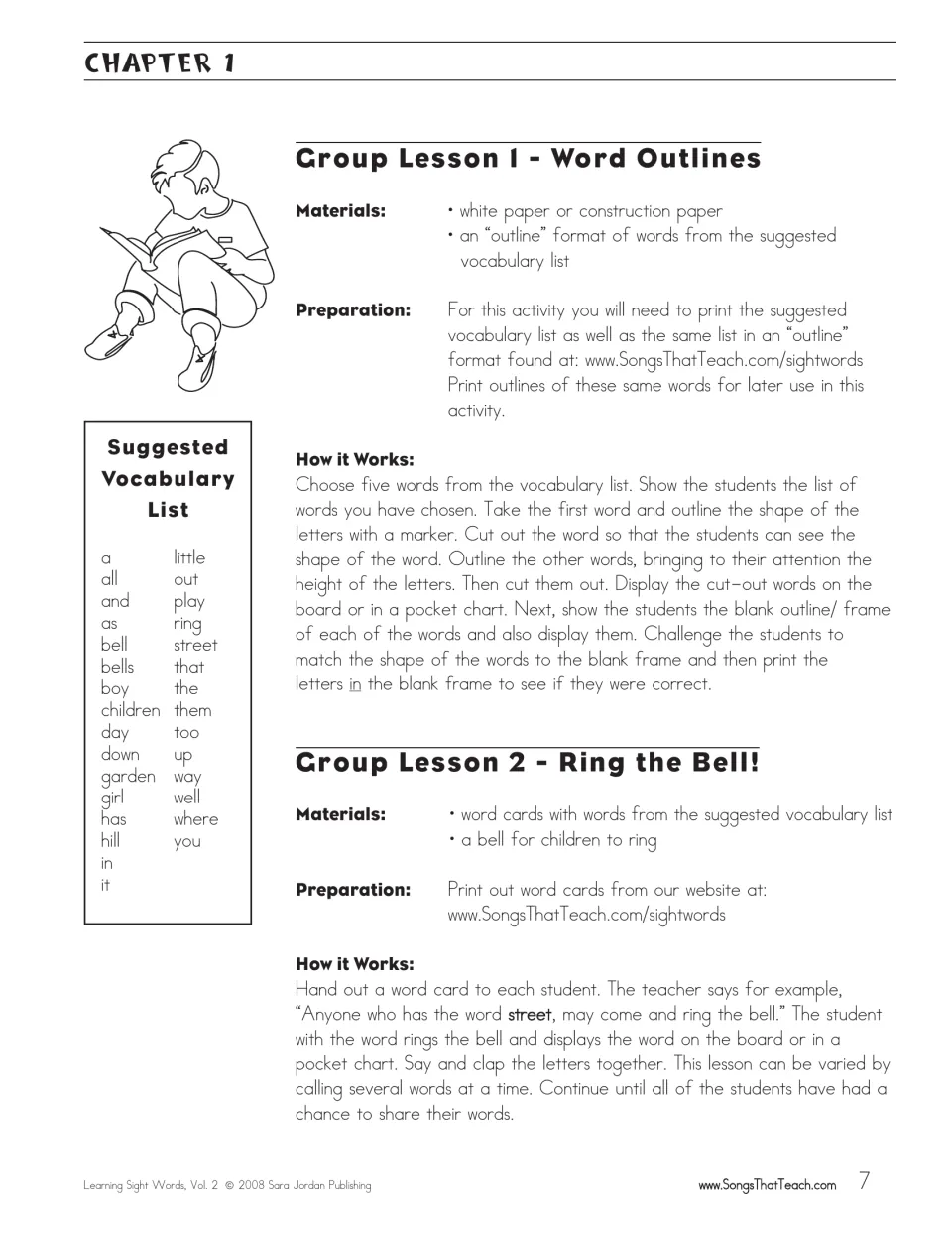 Chapter 1 group lessons: Word Outlines and Ring the Bell!, with vocabulary list: a, all, bell, boy and more