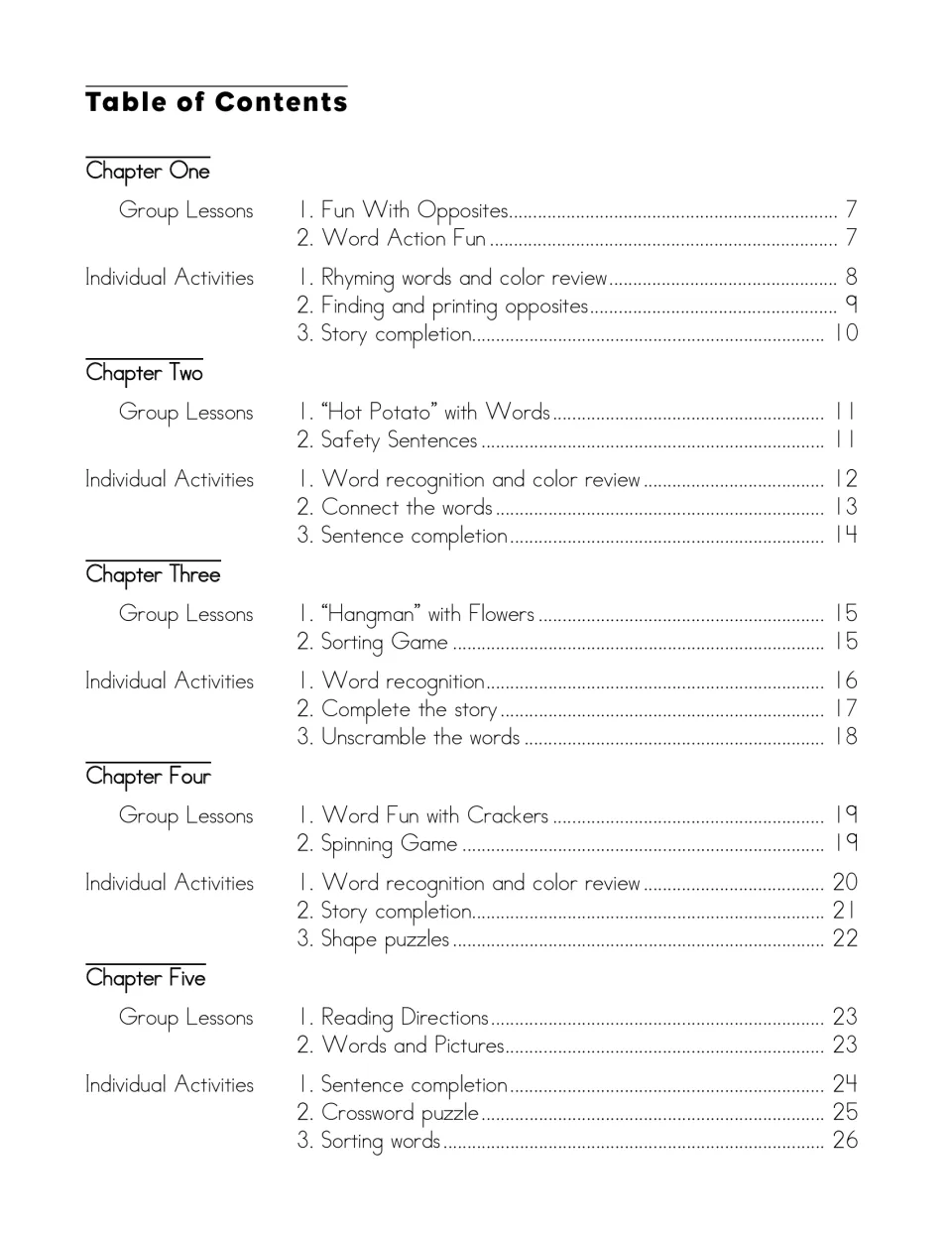 Table of contents, chapters 1–5: group lessons like Fun With Opposites and Hot Potato, plus individual activities