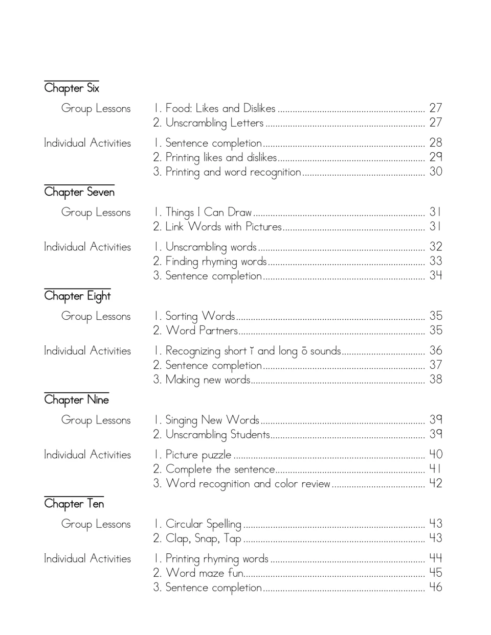 Table of contents, chapters 6–10: lessons such as Food: Likes and Dislikes, Word Partners and Circular Spelling
