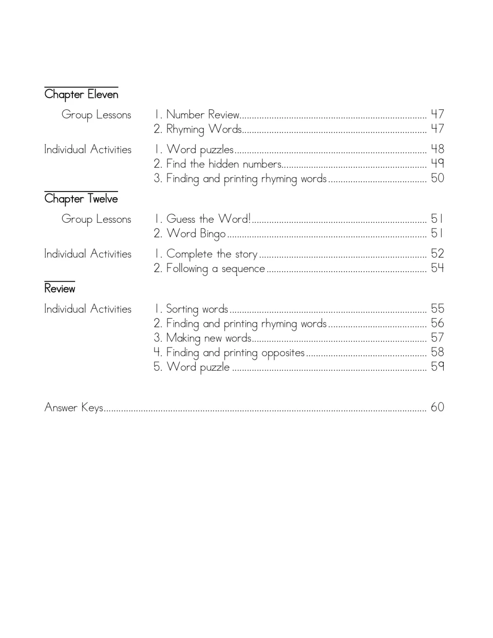 Table of contents, chapters 11–12 and Review: Word Bingo, Guess the Word!, word puzzles; answer keys on page 60