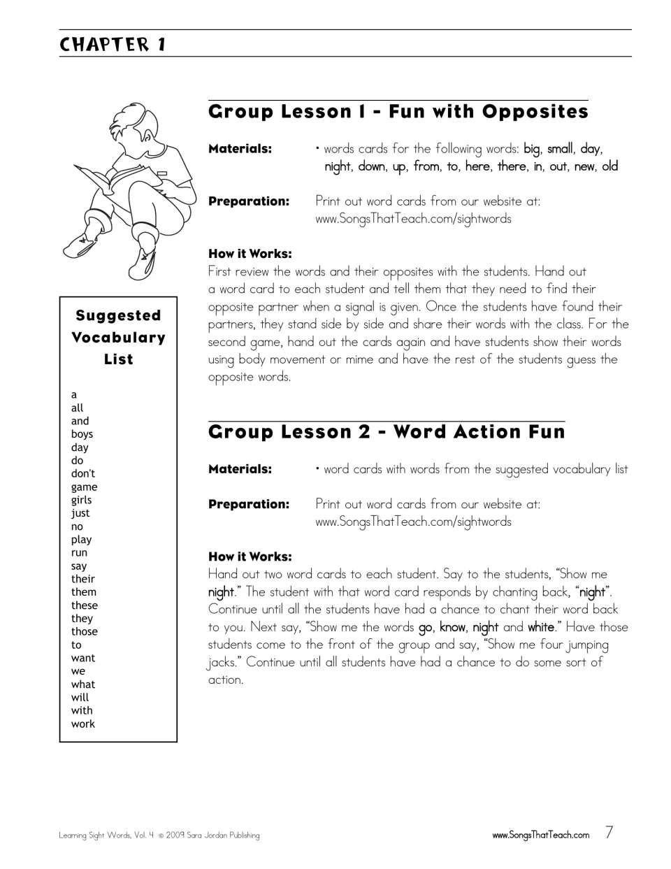 Chapter 1 group lessons: Fun with Opposites (big/small, up/down) and Word Action Fun, with a vocabulary list