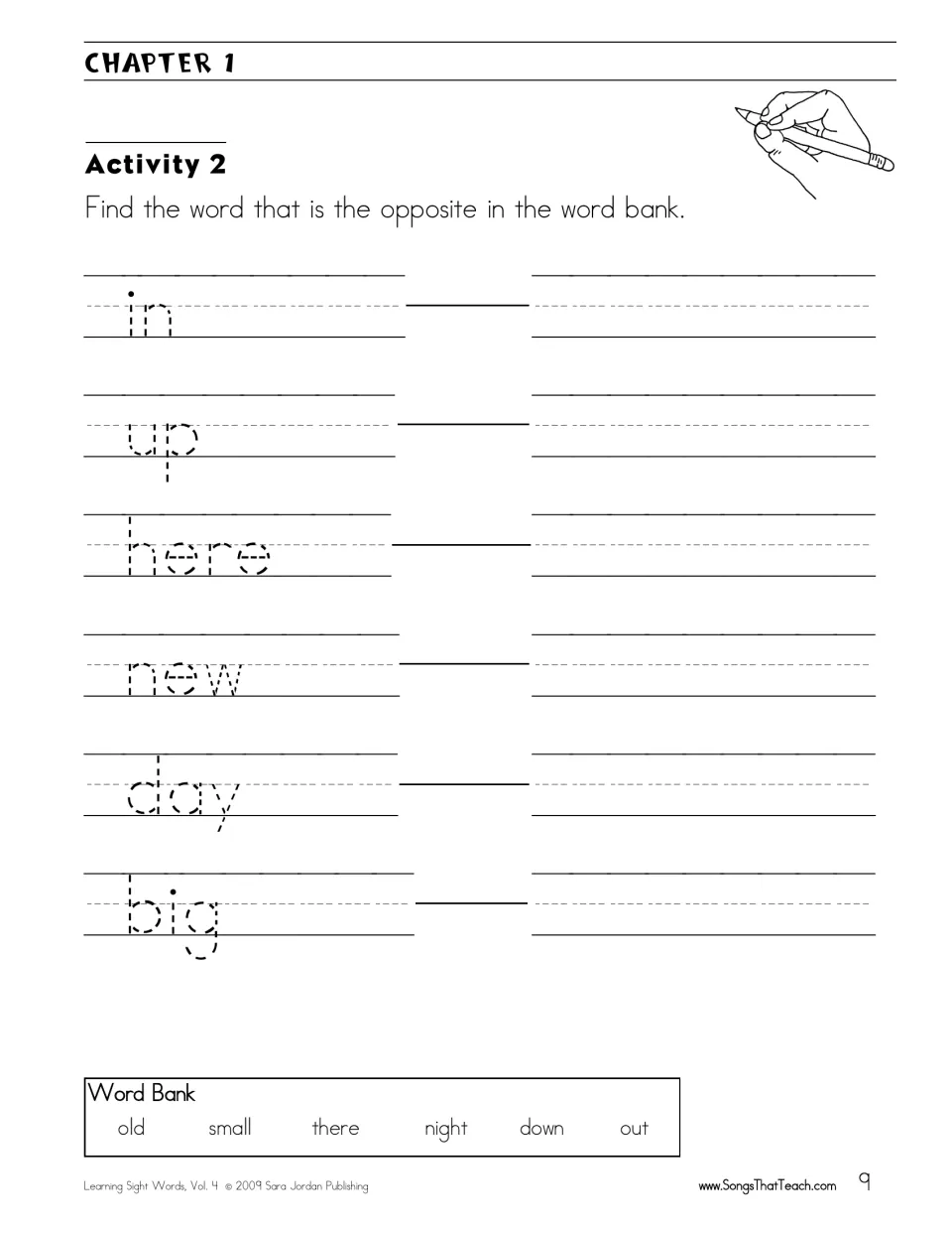 Chapter 1 Activity 2: trace in, up, here, new, day and big, then print each opposite from the word bank