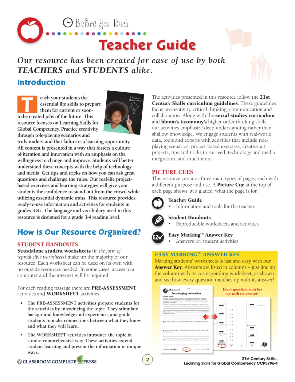 Teacher guide introduction explaining student handouts, pre-assessment and worksheet pages, and the answer key