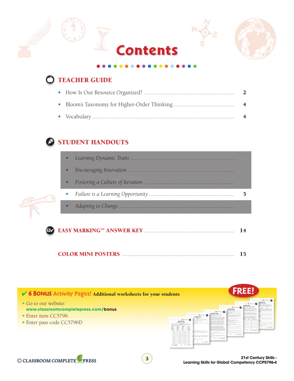 Contents: teacher guide, student handouts from page 5, answer key on page 14 and color mini posters on page 15