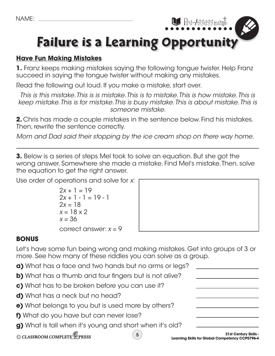 Pre-assessment 'Have Fun Making Mistakes': a tongue twister, a sentence to correct, an equation error and 7 riddles