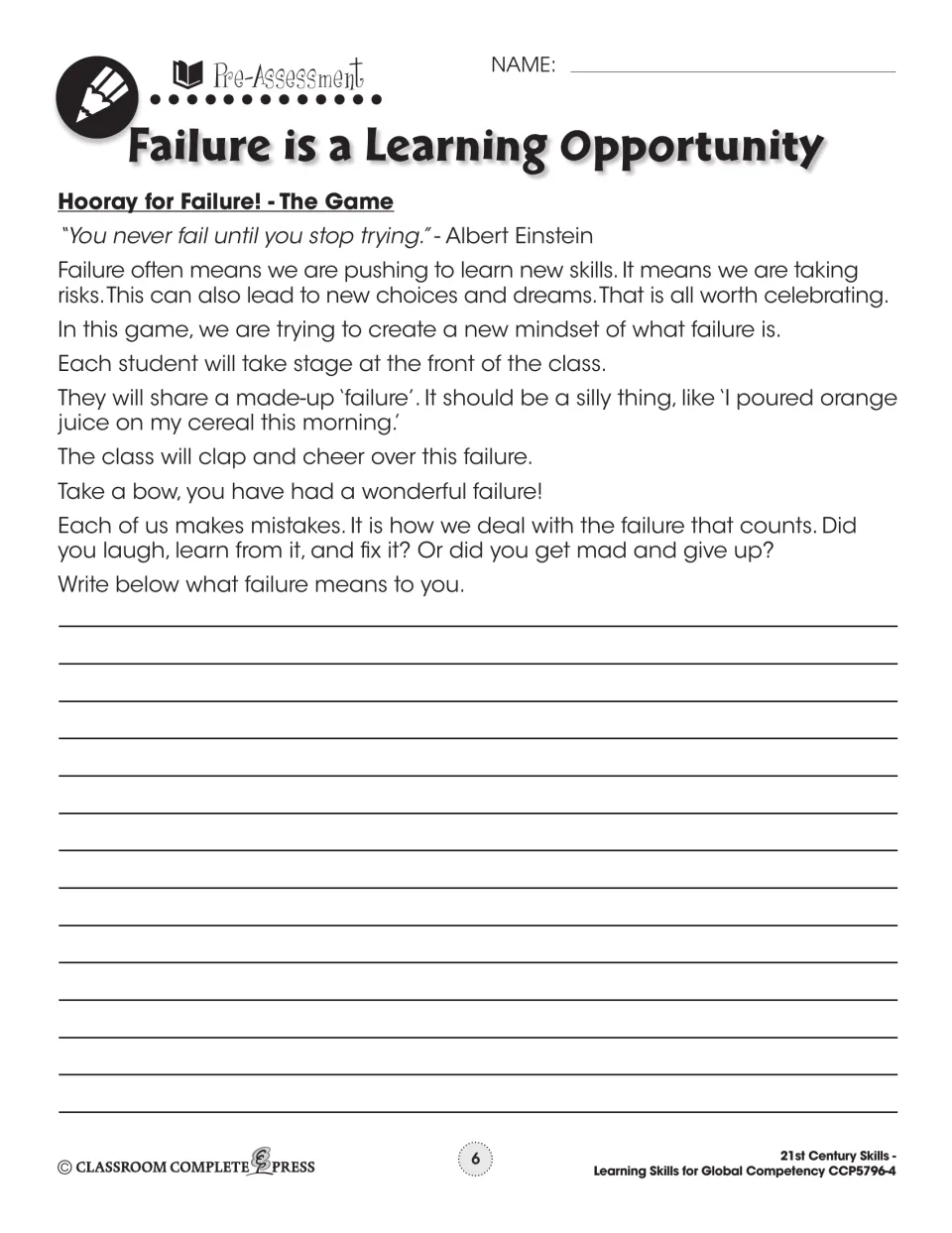 Pre-assessment 'Hooray for Failure! - The Game' with an Einstein quote and writing on what failure means to you