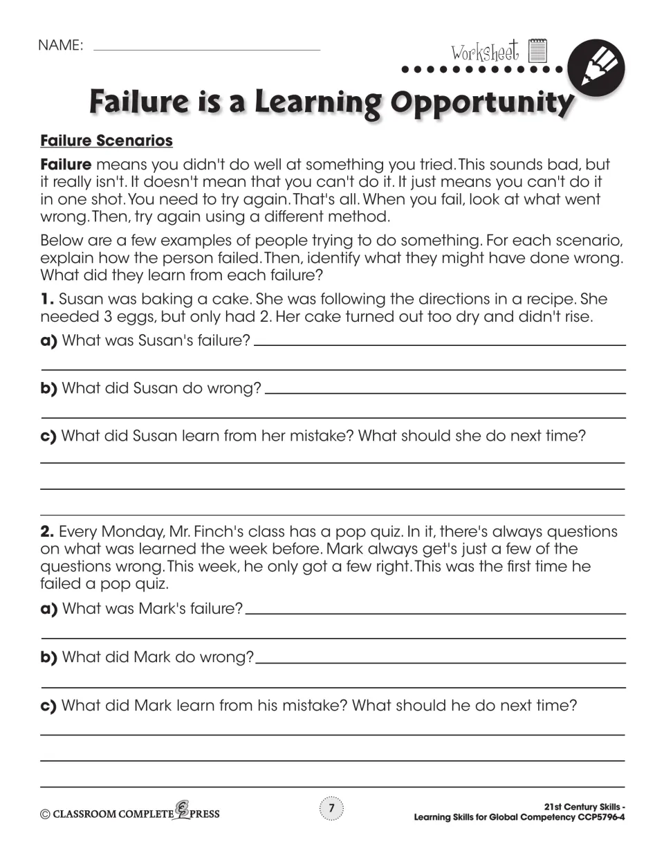 Failure Scenarios worksheet: Susan's dry cake and Mark's failed pop quiz, each with questions on what went wrong