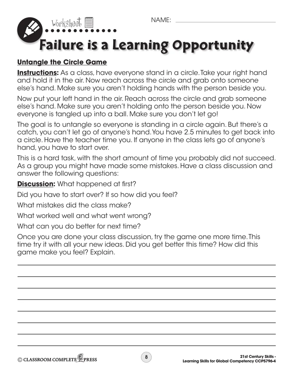 Untangle the Circle Game worksheet: class hand-holding challenge, discussion questions and a written reflection