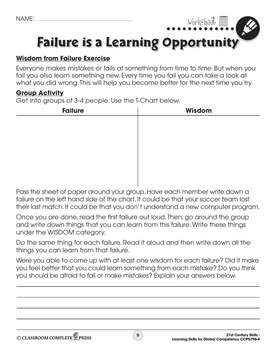 Wisdom from Failure Exercise: a group Failure and Wisdom T-chart, followed by questions on being afraid to fail