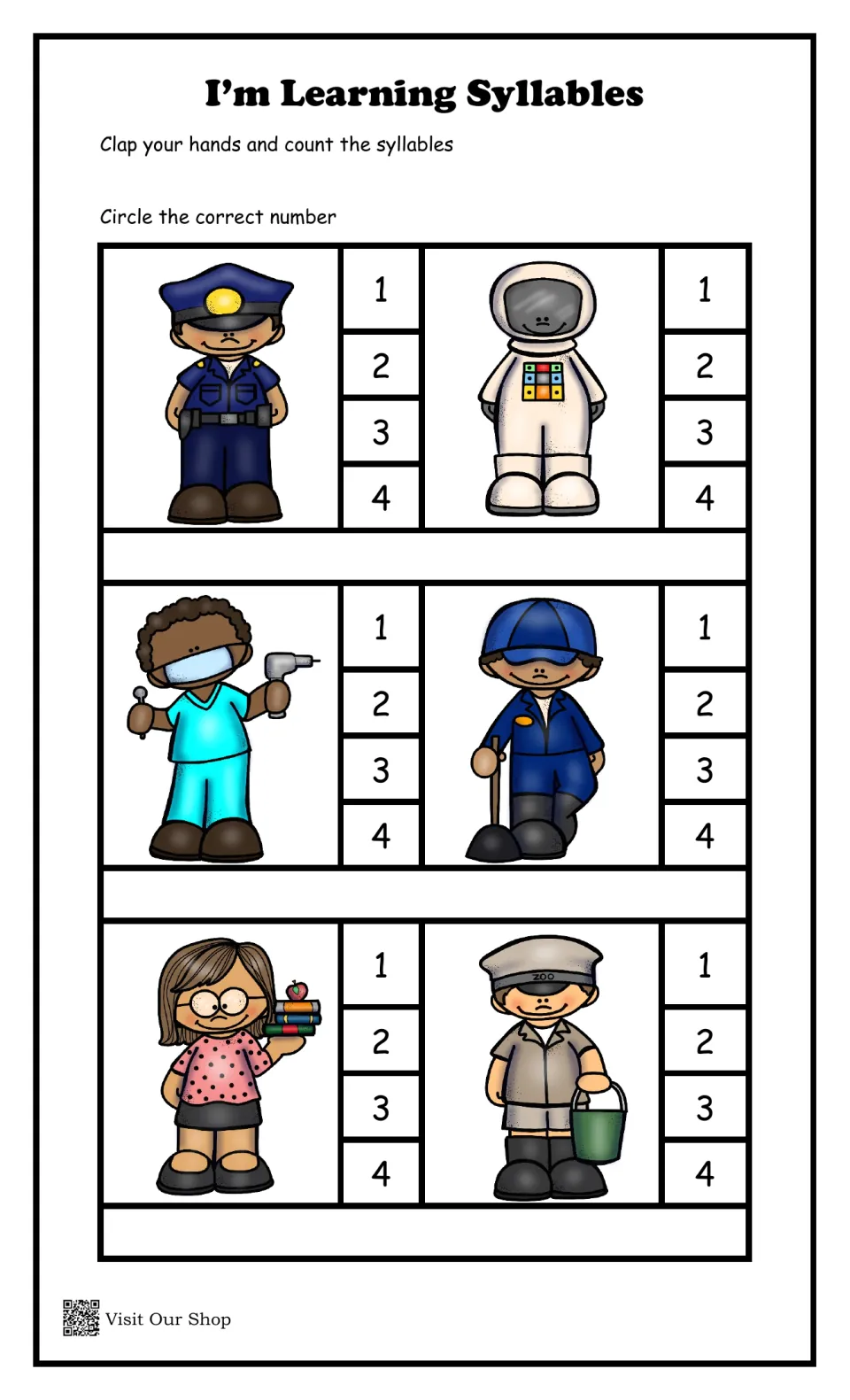 Syllable counting: students clap for police officer, astronaut, dentist, plumber, teacher and zookeeper, then circle 1-4