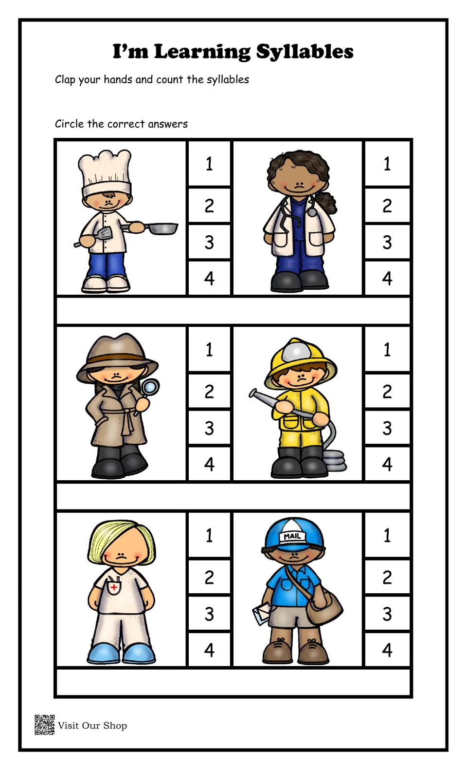 Counting syllables: students clap for chef, doctor, detective, firefighter, nurse and mail carrier, circling 1-4
