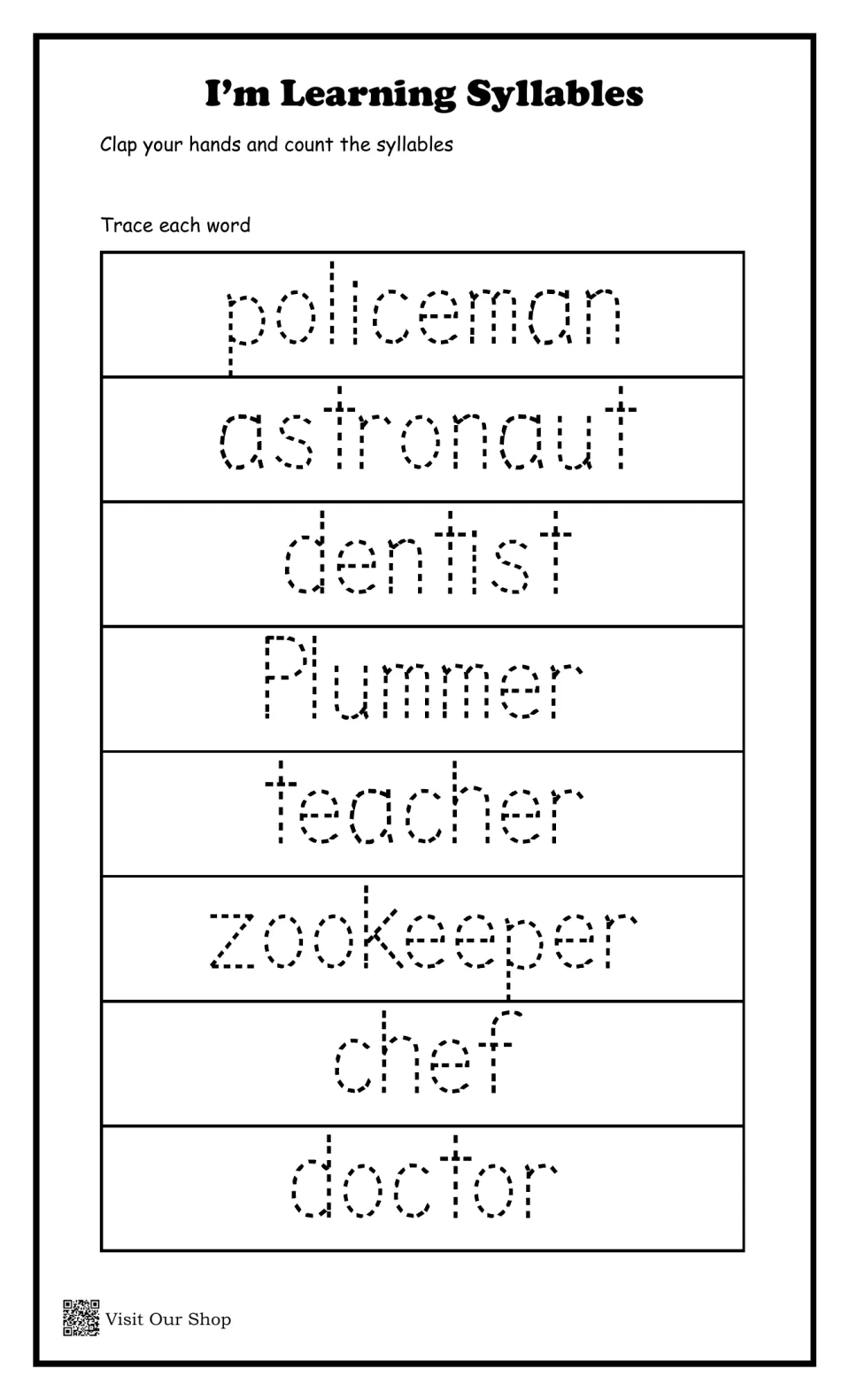 Word tracing: students trace policeman, astronaut, dentist, Plummer, teacher, zookeeper, chef and doctor in dotted letters