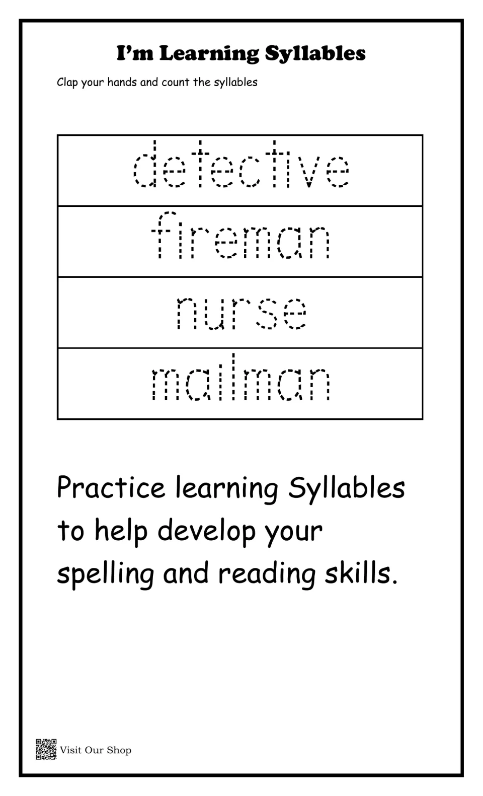 Tracing job words: students trace detective, fireman, nurse and mailman, with a note on practising syllables for spelling