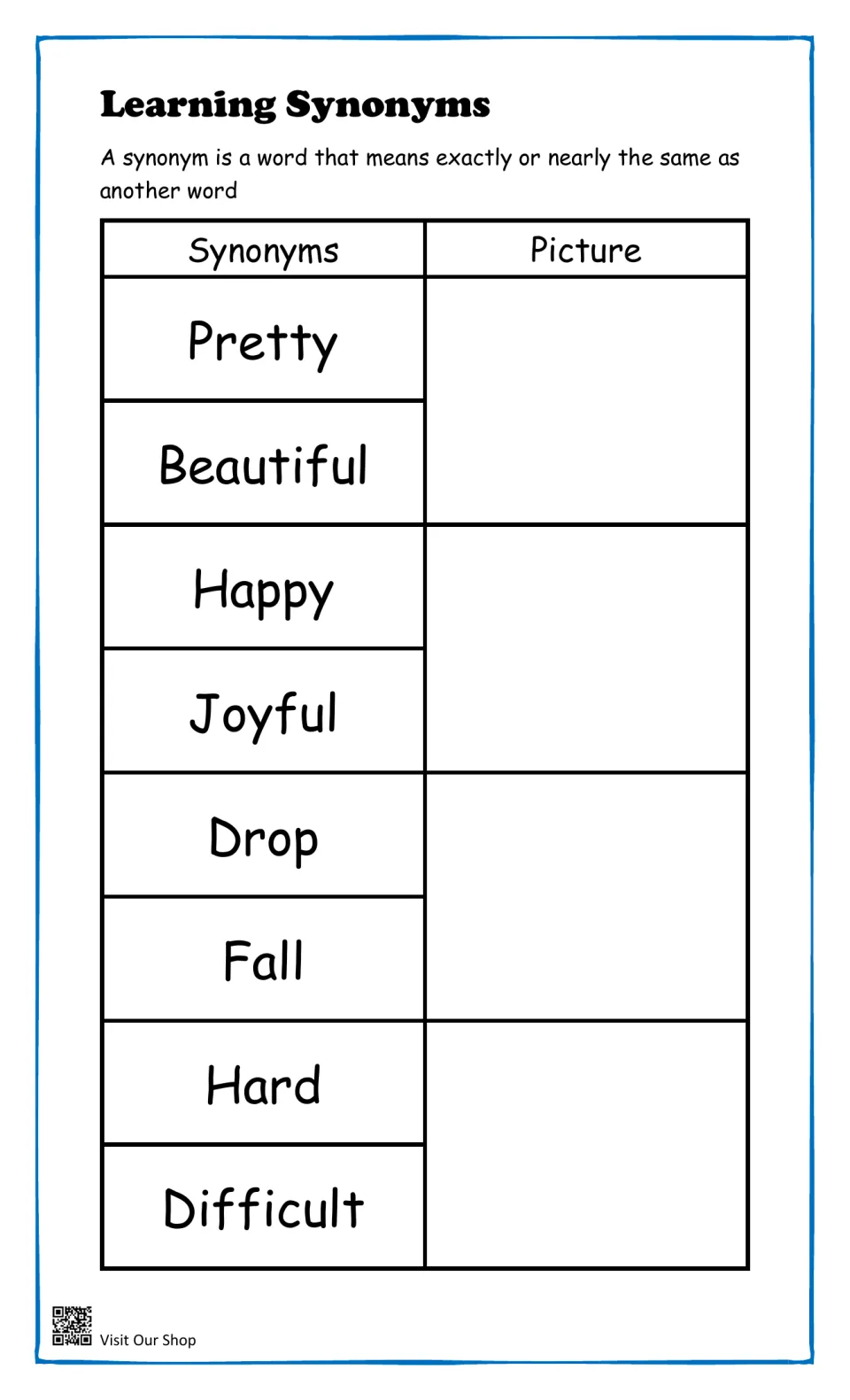 Synonym pairs pretty/beautiful, happy/joyful, drop/fall and hard/difficult, each with a space to add a matching picture
