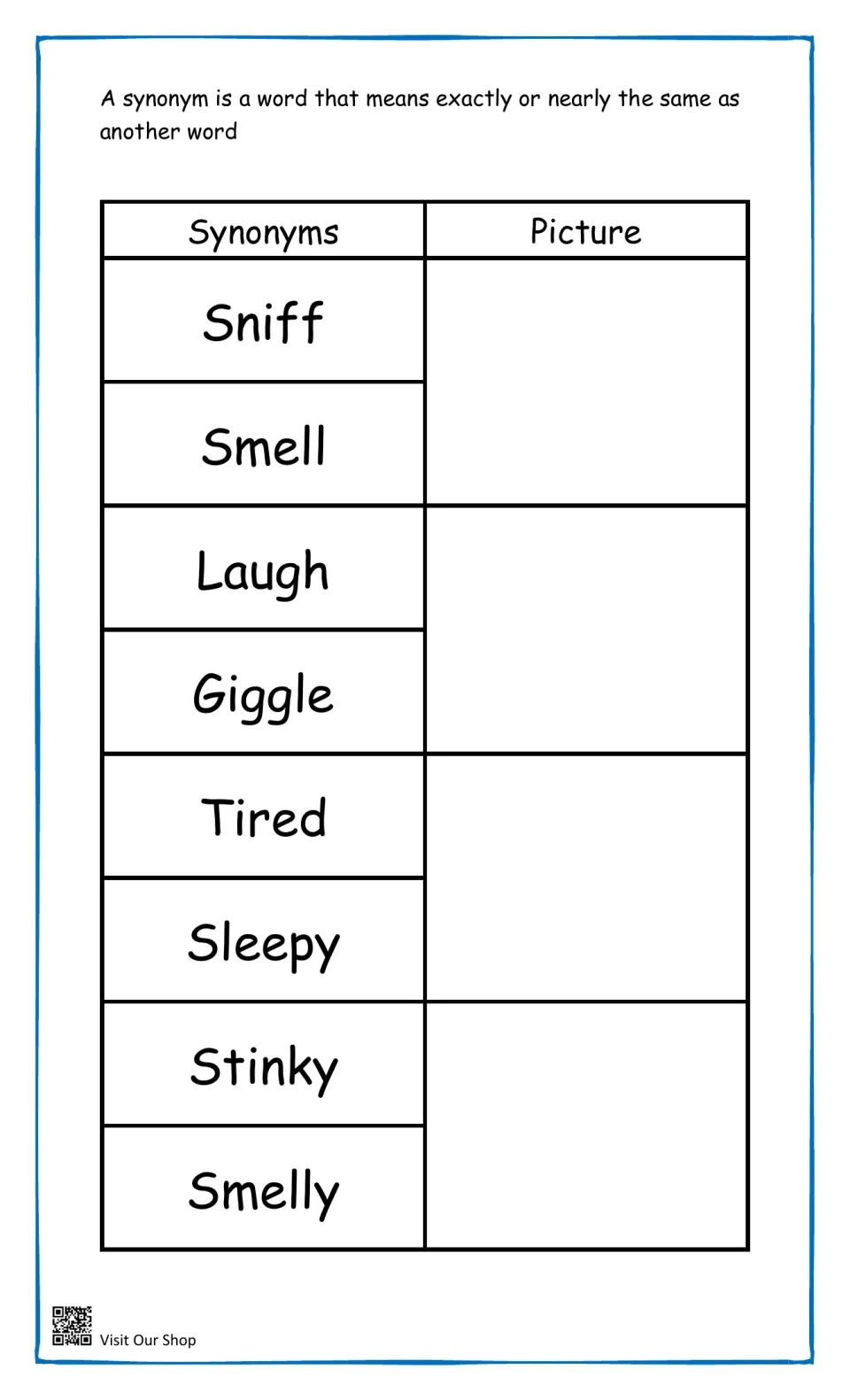 Synonym pairs sniff/smell, laugh/giggle, tired/sleepy and stinky/smelly, with a picture space beside each matching pair