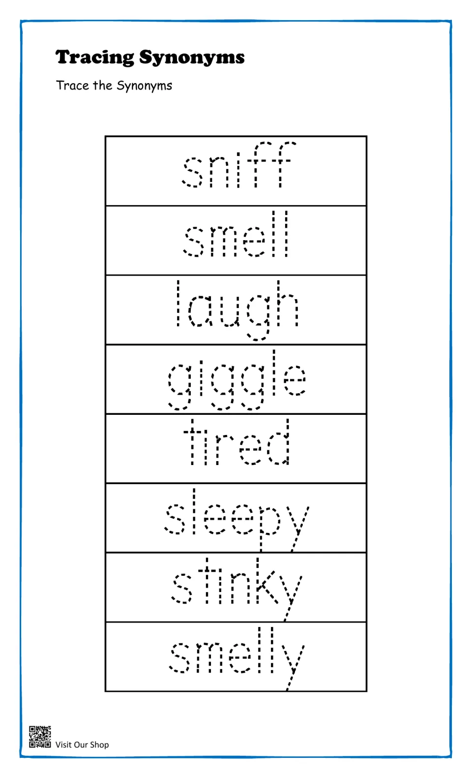 Tracing synonyms: students trace the dotted words sniff, smell, laugh, giggle, tired, sleepy, stinky and smelly