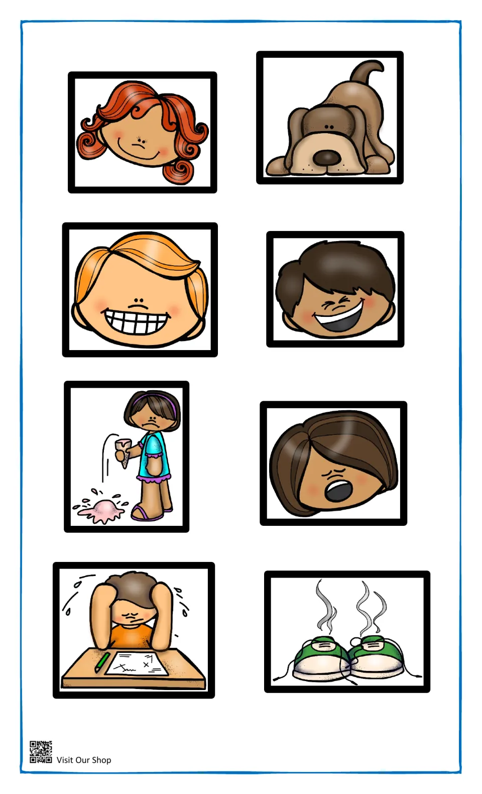 Synonym picture cards: pretty girl, sniffing dog, happy and laughing kids, dropped cone, yawn, hard test, stinky shoes