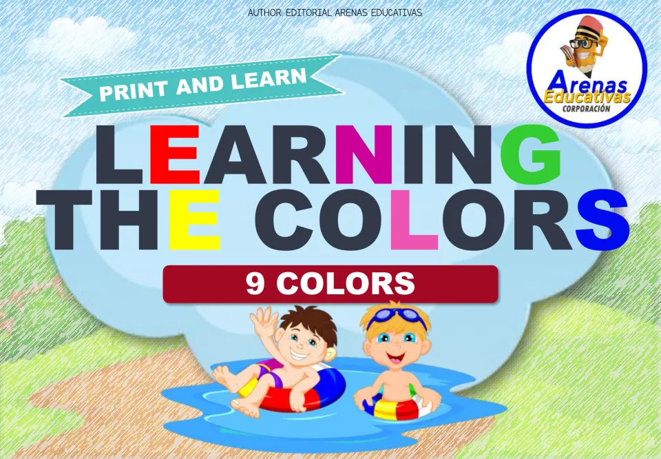 Learning the Colors cover: Print and Learn set labeled 9 Colors, multicolored title letters and two children in a pool