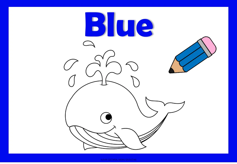 Blue color page: students color a spouting whale outline blue, matching the word Blue and the blue pencil beside it