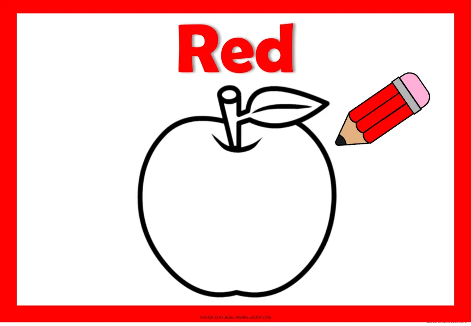 Red color page: students color an apple outline with a stem and leaf red, following the red word Red and red pencil