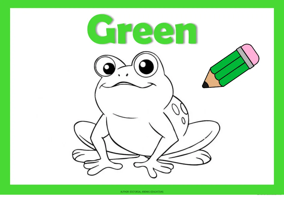 Green color page: students color a smiling frog outline green, guided by the green word Green and green pencil