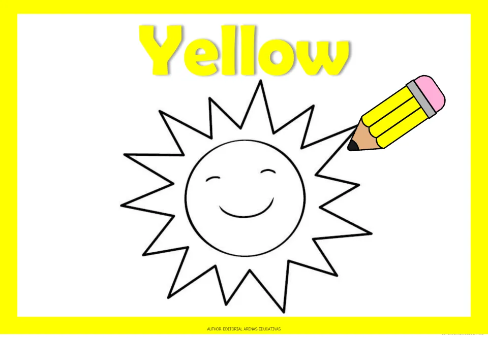 Yellow color page: students color a smiling sun with pointed rays yellow, matching the word Yellow and yellow pencil