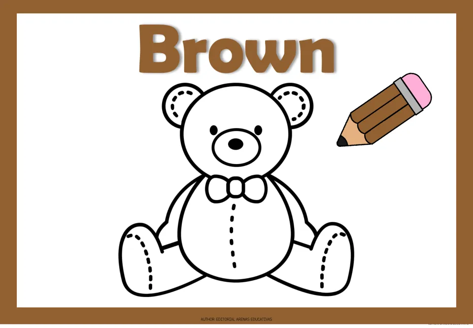 Brown color page: students color a stitched teddy bear with a bow tie brown, matching the word Brown and brown pencil