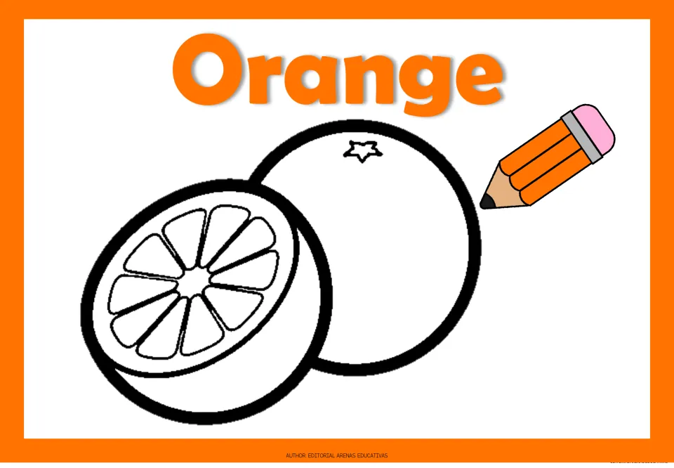 Orange color page: students color a whole orange and a cut orange half orange, matching the word Orange and pencil