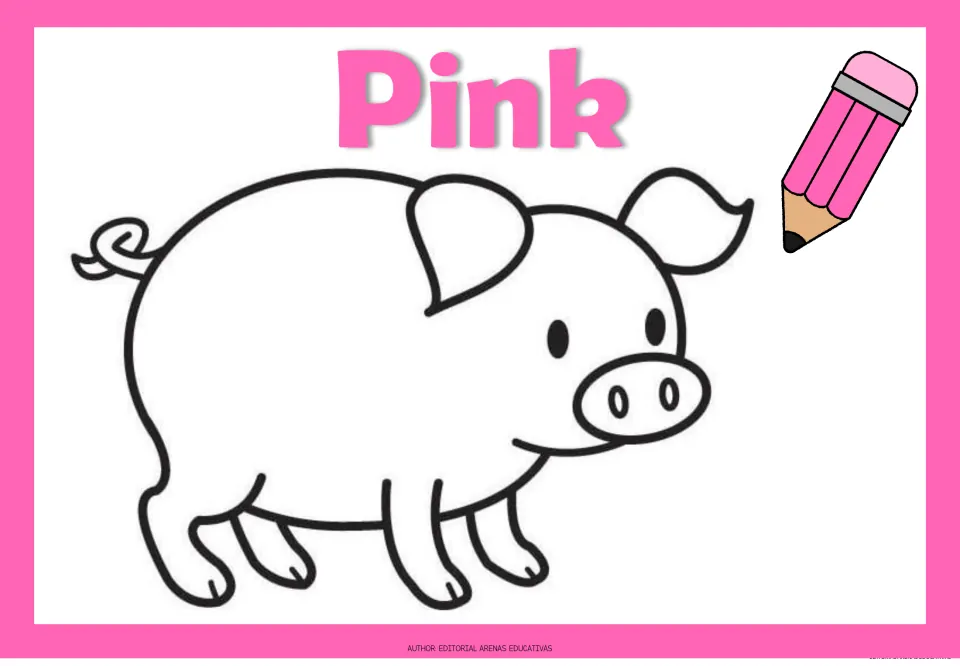 Pink color page: students color a curly-tailed pig outline pink, matching the pink word Pink and the pink pencil