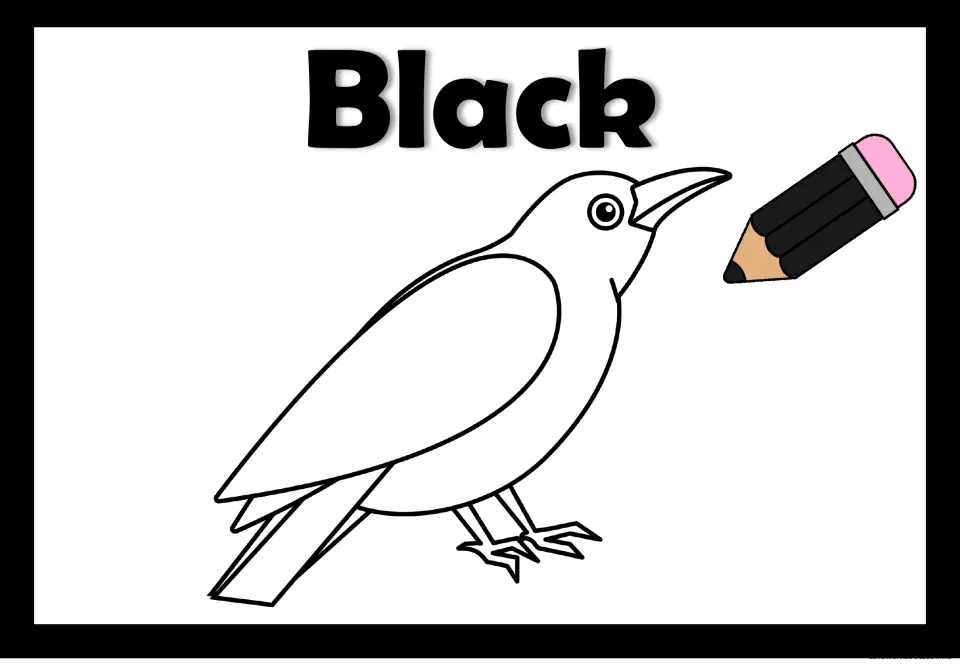 Black color page: students color a standing crow outline black, matching the word Black and the black pencil beside it