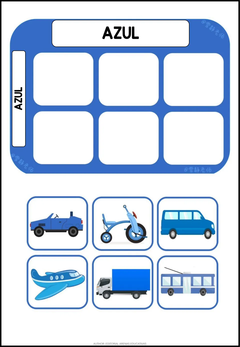 Azul (blue) sort: students cut out 6 blue vehicle cards, like a plane, tricycle and trolleybus, to place on the mat