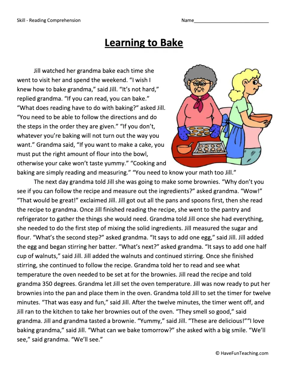 Learning to Bake reading passage: students read how Jill follows grandma's recipe step by step to bake brownies