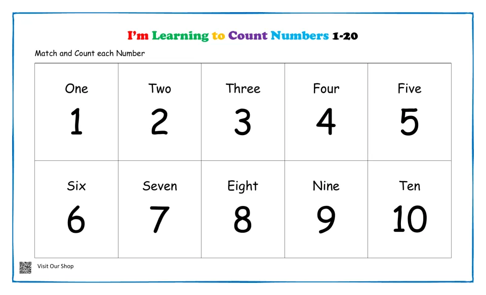 Counting numbers 1-20, match and count each number: numerals 1 to 10 shown with number words One through Ten